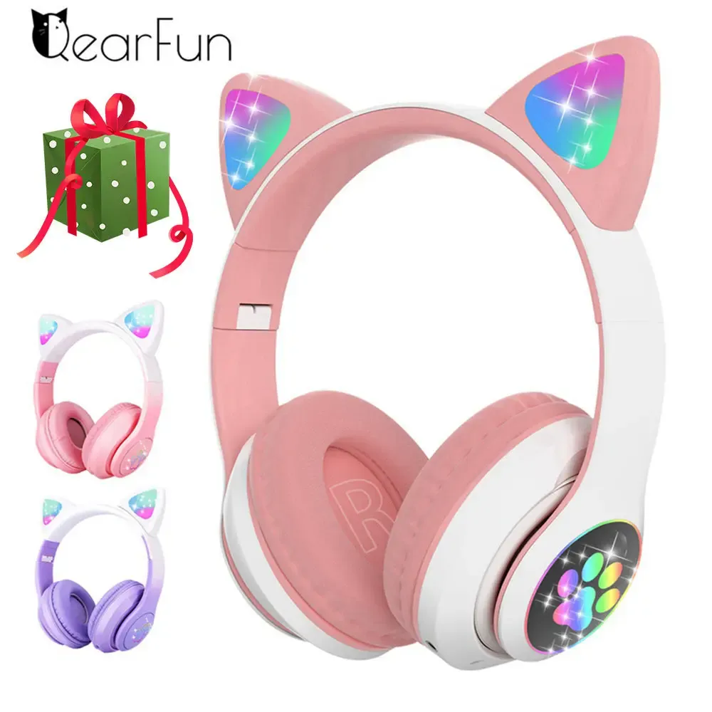Headphones Qearfun Flash Light Cute Cat Ear Headphones Wireless with Mic Can close LED Kids Girl Stereo Phone Music Bluetooth Headset Gamer