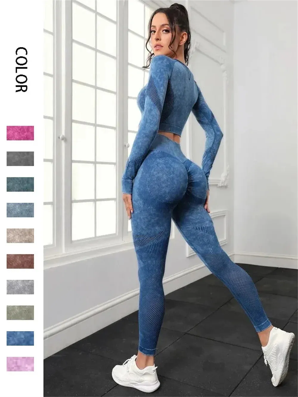 Kesintisiz yıkanmış yoga setleri spor fitness şeftali hiplifting yüksek bel pantolon uzun süreli ağ elbise egzersiz spor salonu Taytlar Kadınlar için Set 240226