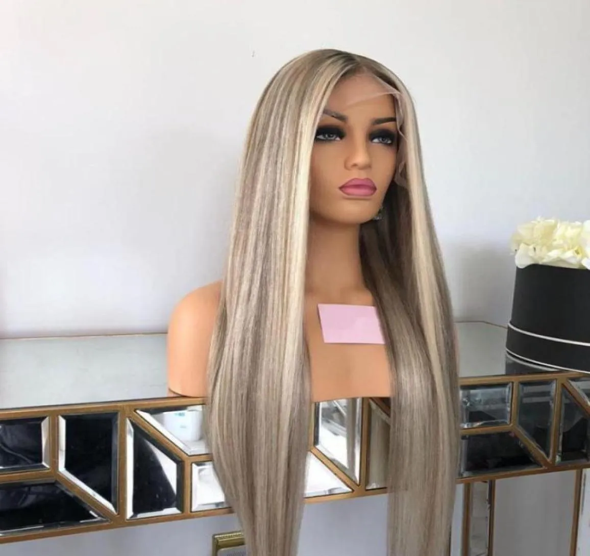 Lace Wigs Long Straight Ash Blonde Highlights 60 Front Human Hair 150 Density 13x434861088718542