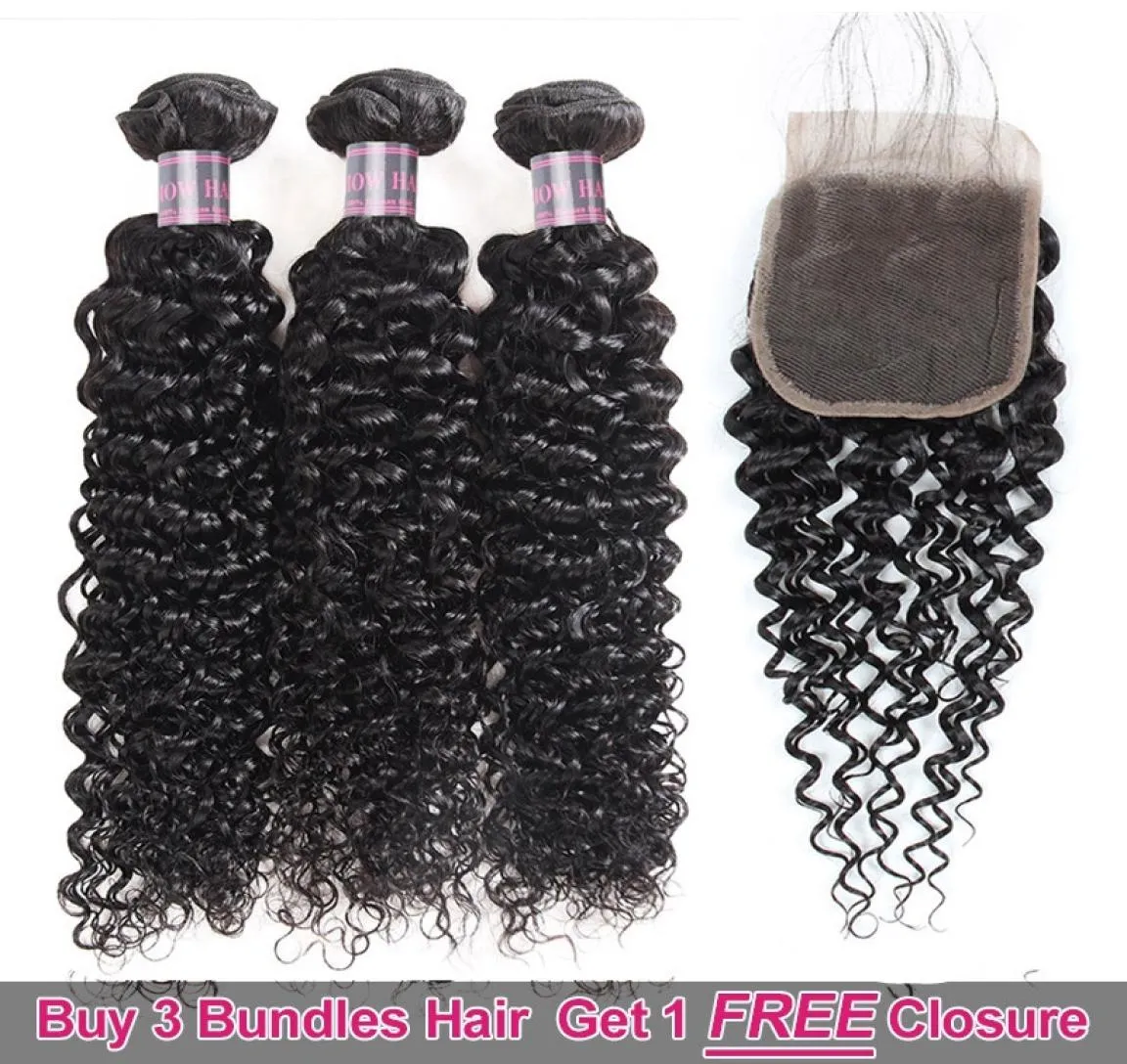 Ishow 3 paquets de cheveux humains avec une fermeture brésilienne crépus bouclés cheveux humains péruviens pour femmes filles noir de jais 828 pouces6651786