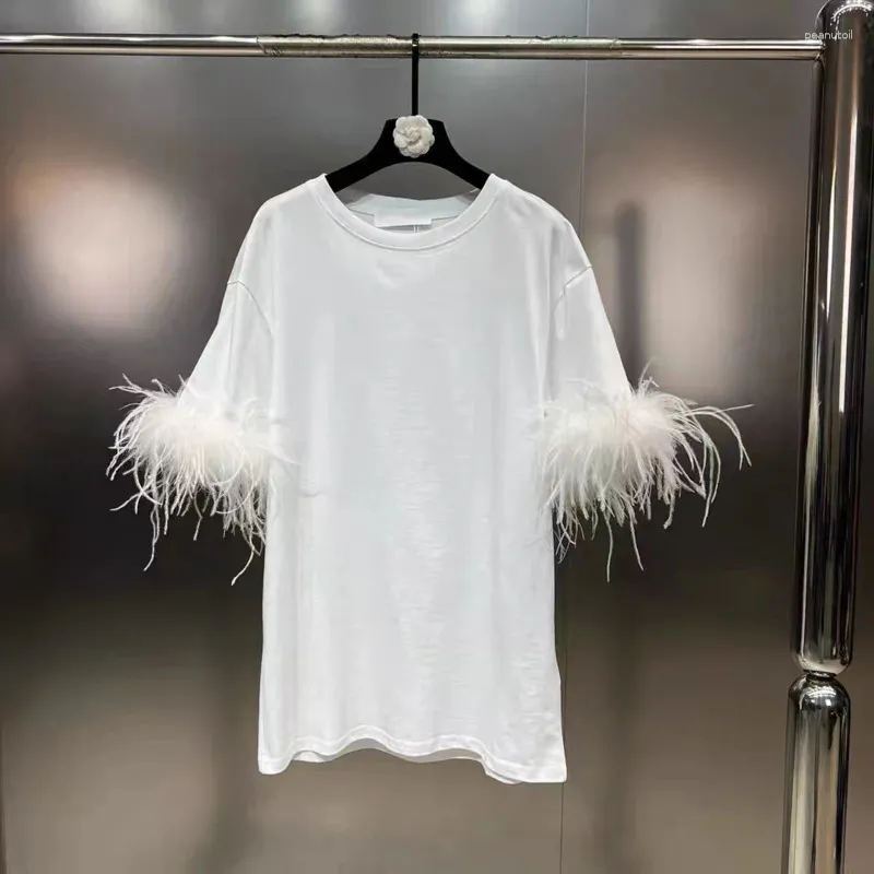 Women's T Shirts PREPOMP 2024 Spring Summer Collection Feathers Sleeve Cuff Round Neck Loose Shirt Women GP317