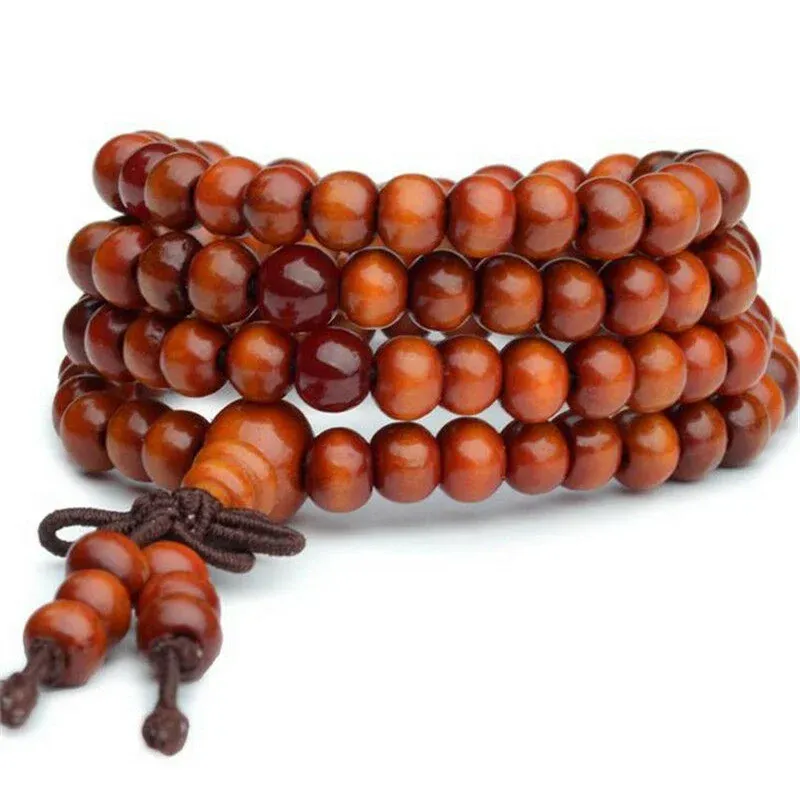 8mm Buddhist Natural Sandalwood Buddha Meditation Wood Bön Bead Mala Armband Kvinnor Män 108 Pärlor Bangles hängande dekoration