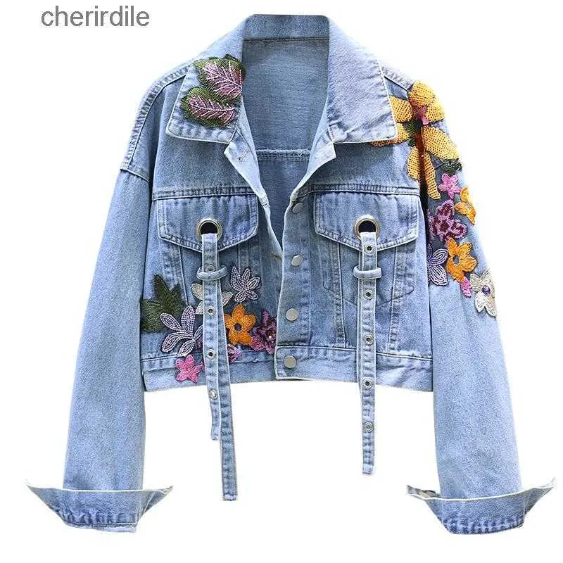 Kadın Ceket Ceketler Bahar Denim Çiçekler Çiçek Nakış Pullu Kısa Kot Street Giyim 240301