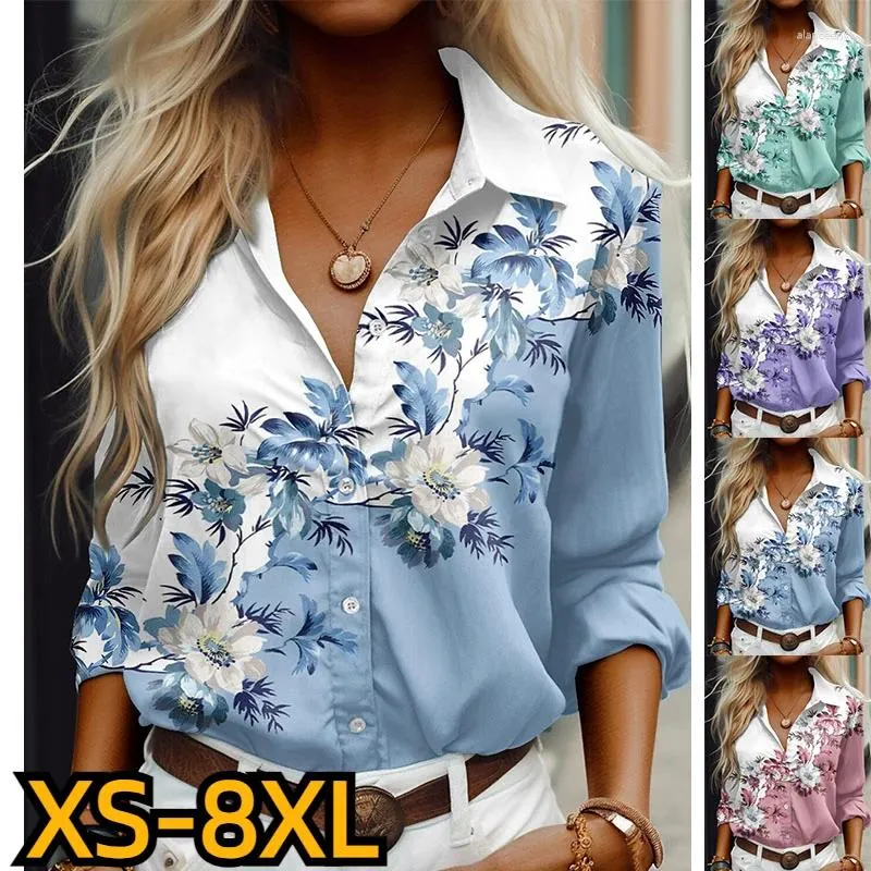 Kadın Bluzları 2024 Ofis Lady Dönüş Yaka Baskı Düğmesi Gömlek Sonbahar Kış Kış Kadın Moda Gömlek İnce Breated XS-8XL