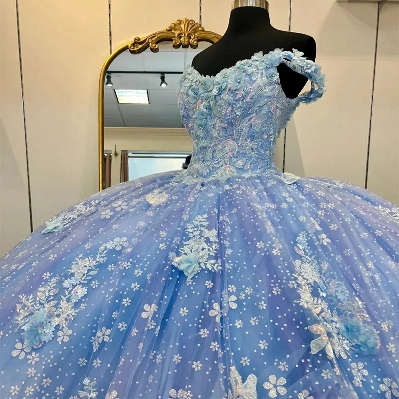 Sky Blue Quinceanera Dresses Sleeveless Crystal Sequined Ball Gown Off The Shoulder 3D Flowers Tull Corset Vestidos Para XV 15