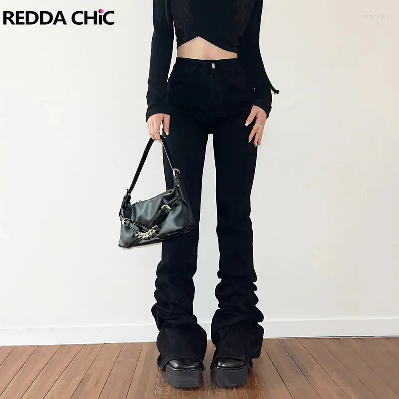 Jeans femininos reddachic estiramento fino empilhado flare harajuku preto liso casual cintura alta bootcut calças vintage y2k bell bottoms