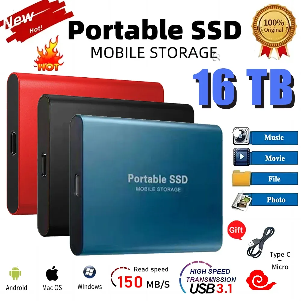 Kutular Orijinal Harici Sabit Sürücü 1 TB 2 TB Taşınabilir SSD Yüksek Hızlı Katı Hal Diski USB 3.1 Dizüstü bilgisayar/masaüstü için sabit disk kütle kapasitesi