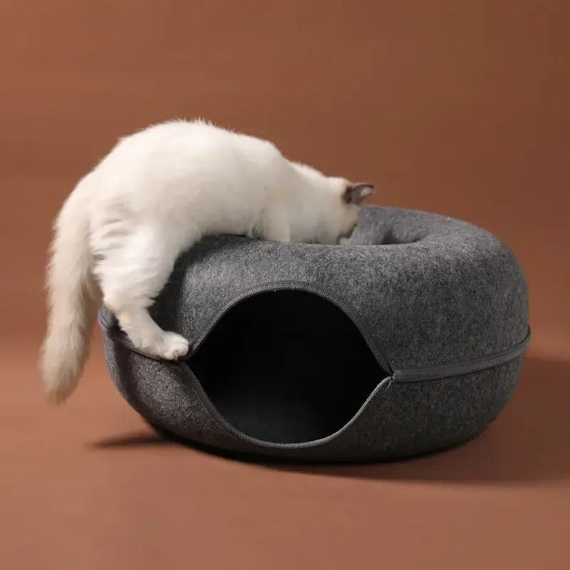 おもちゃドーナツ猫用ベッド2匹の猫ペット猫トンネルおもちゃ子猫バスケットインタラクティブプレイおもちゃ猫天然フェルトウサギ洞窟巣