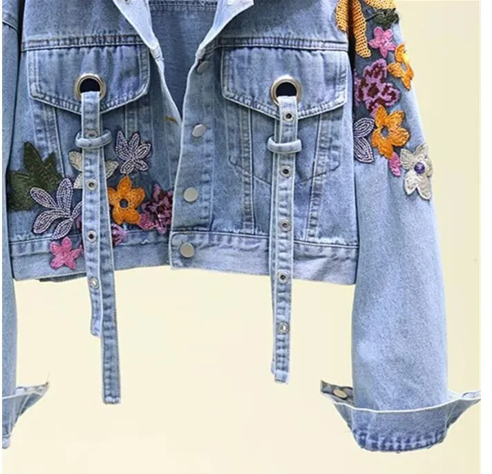Embroidered Denim Jacket - Womens Fashion Jeans Coat, Floral