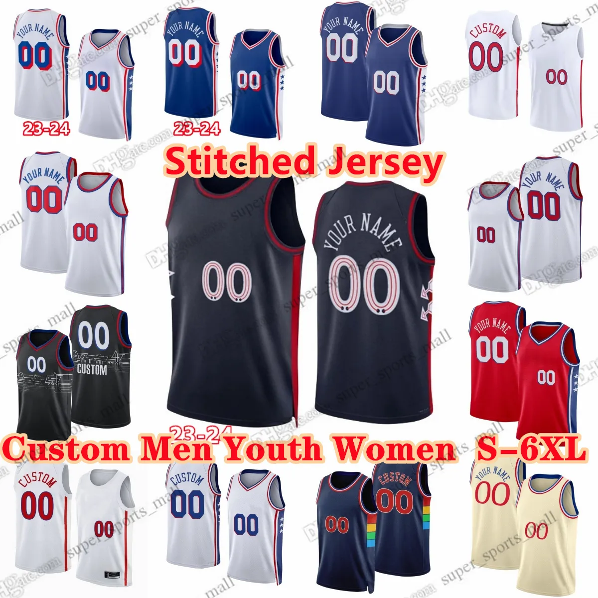 Personalizado S-6XL 2024 Jersey de basquete costurado James 21 Joel 12 Tobias Embiid Harris 17 PJ Tucker Nicolas Batum Robert Covington De'Anthony Melton Paul Reed Payne