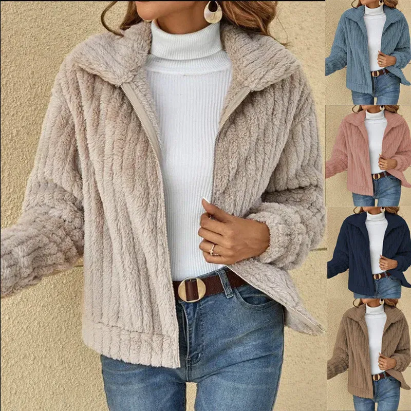 Jackor Fashion Women's Fleece Sherpa Jackets 2023 Autumn Winter Ladies Warm Long Sleeve Lapel Zip Up Coat Outwear med fickor