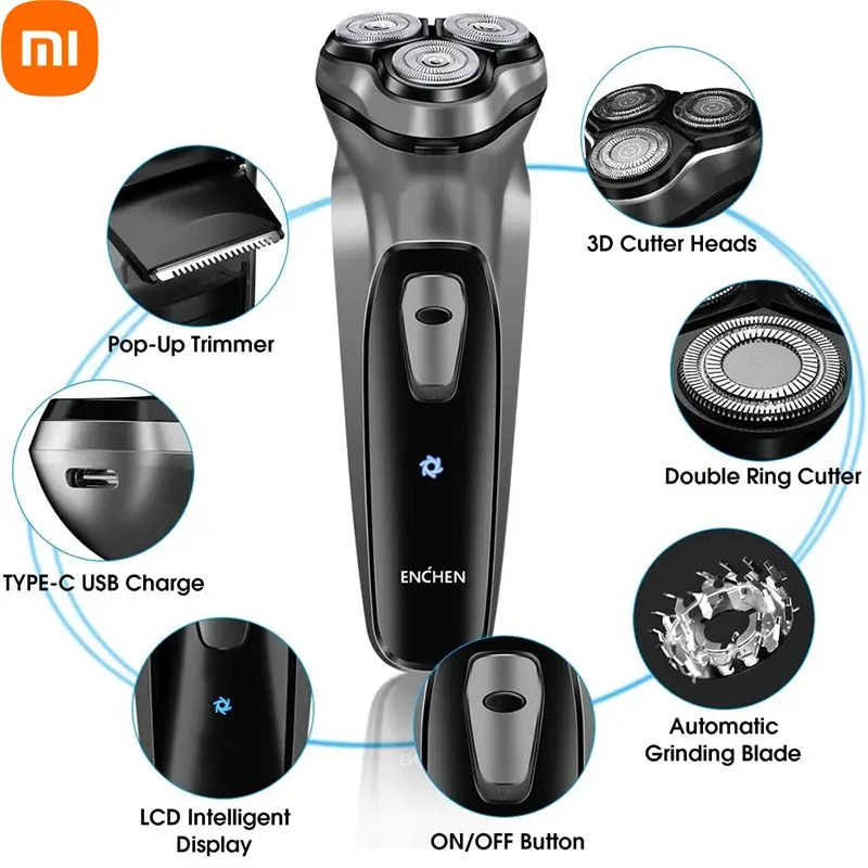 Kontroll Xiaomi Waterproof Electric Face Shaver Razor USB Laddningsbar Blackstone 3D flytande blad Washable Rakskäggsmaskin