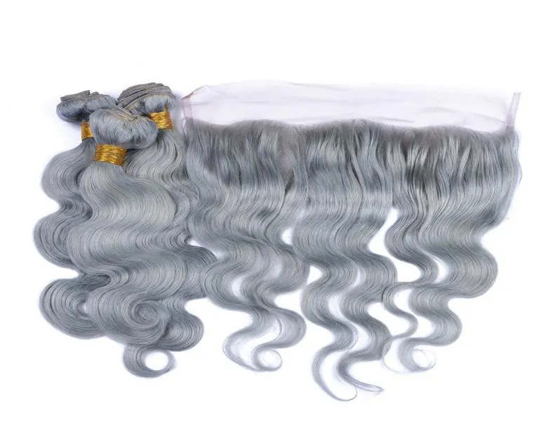 Silvergrå Human Hair Virgin Brasilianska hårväv 3 buntar med full spets frontal kroppsvåg färgad grå människa hårbunt affär6247329