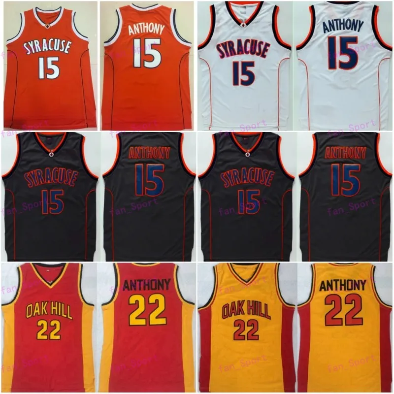 #22 Oak Hill High School Jersey Carmelo Anthony #15 Syracuse College 농구 저지 남성 스티치 오렌지 흰색 노란색