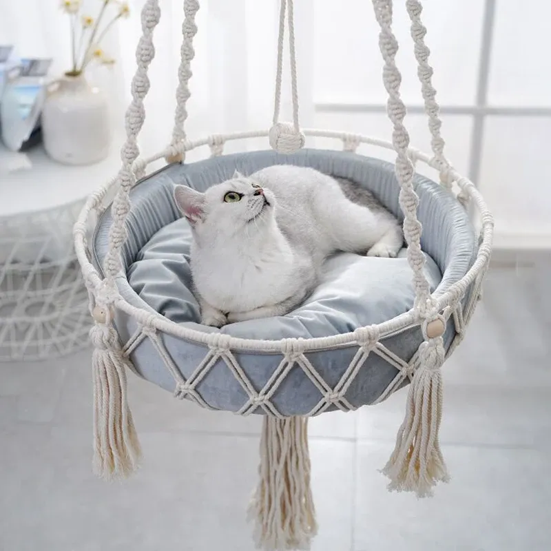 Mats Cat Hammock Handwoven Hanging Cat Bed Boho Cat Swing with Hanging Kit Toy for Indoor Outdoor Home Decor Hang With Cushion