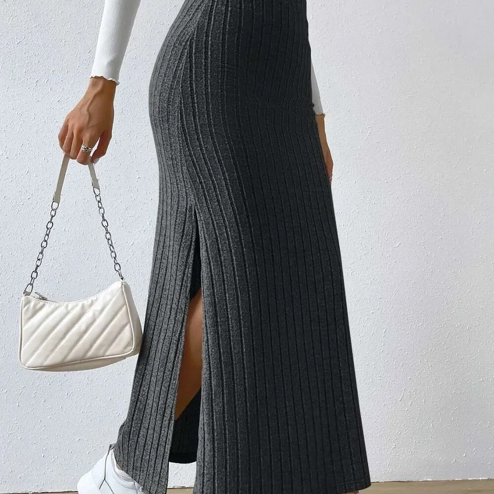 2023 Europeiska och amerikanska enkelhastighetssäljare Amazon Ny hög midja Sidan Slim Fit Split stickad halv längd kjol för kvinnor