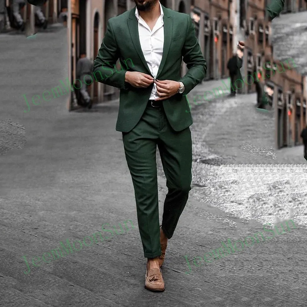 Suits 2 Piece Olive Green Men Suits Slim Fit Formal Fashion Wedding Suit Business Groom Wear Skräddare Made Blazer Pants Costume Homme