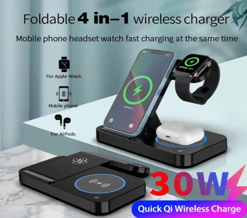 Supporto di ricarica a induzione per caricabatterie wireless 4 in 1 da 30 W per iPhone 13 12 Airpods Apple Watch 7 per Samsung Galaxy Watch 3 4 Charge St7218522