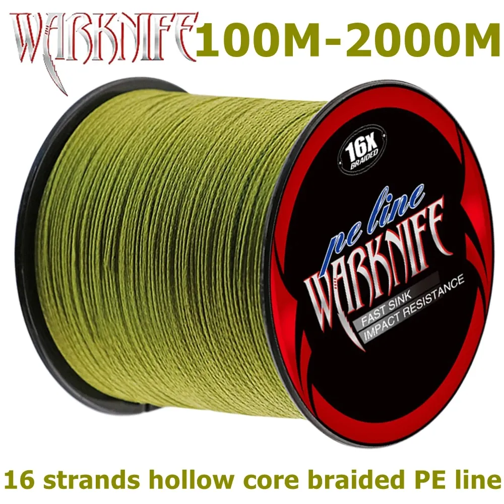 Linhas warknife 16 fios 100m 2000m núcleo oco pe extremo japão linha de pesca trançada 20lbs500lbs pe trança linha de assistência verde do exército