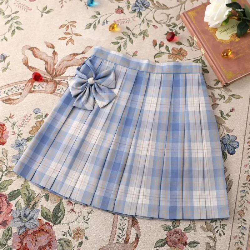 Röcke Zoki JK Frauen Plaid Rock Sommer Hohe Taille Einstellen Knopf Mädchen Plissee Japan Student Nette Blaue Schleife Schule Mini