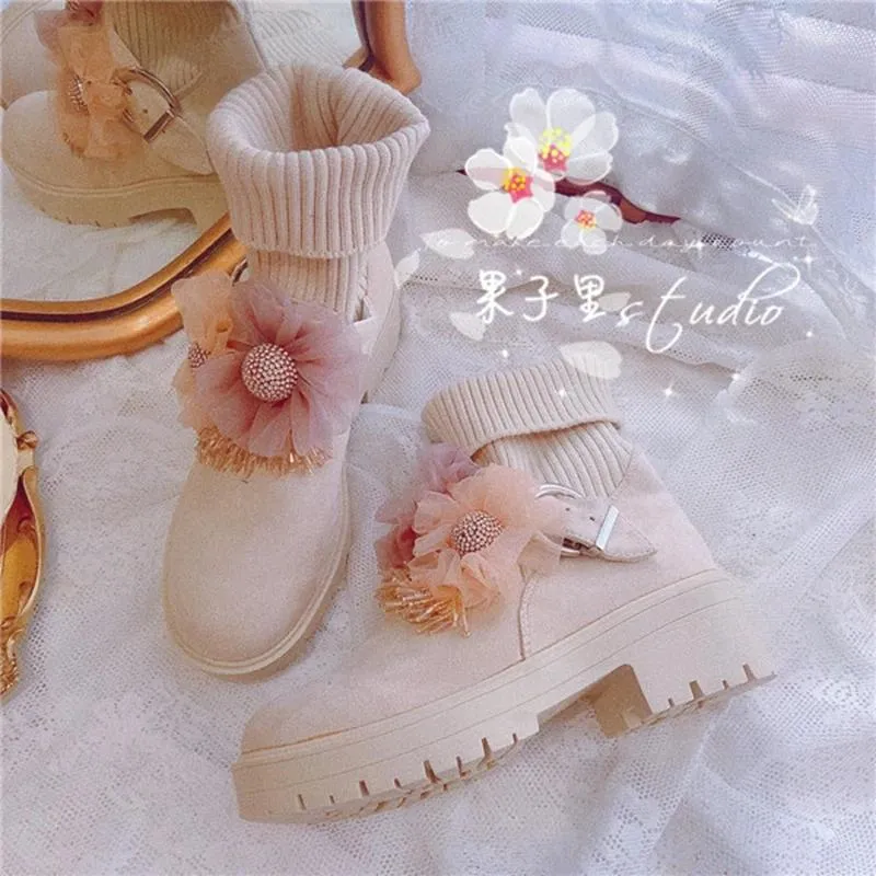 Boots In Autumn Winter Elastic Knitted Women Platform Ankle Female Crystal Flower Tassel Short Chunky Booties Shoes