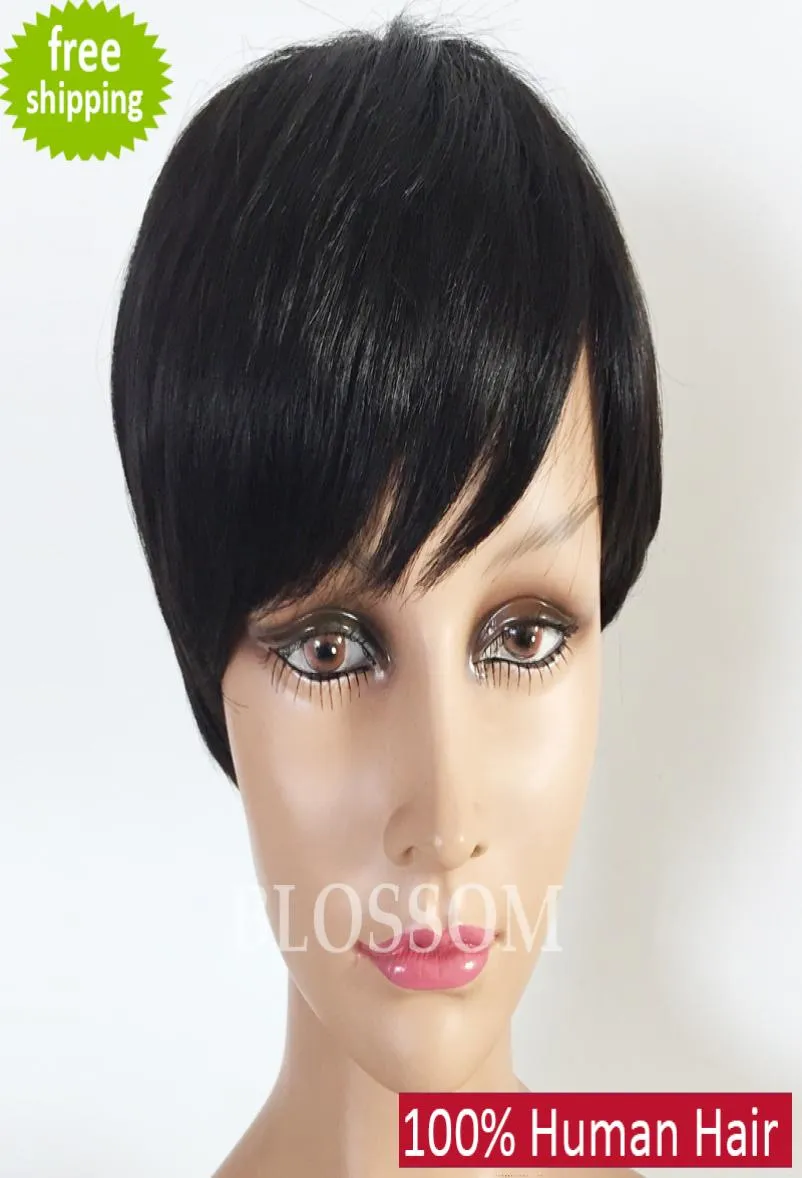 Frange courte courte perruques de cheveux naturels humains coupe de lutin noir naturel cheveux péruviens coupe courte perruques pour les femmes noires aucune dentelle Wig8507176