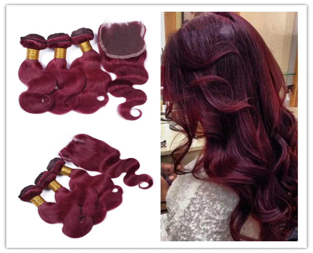 99J Wine Red Brazilian Human Hair Weaves With Closure 4Pcs Lot Virgin Brazilian Burgundy Hair 3Bundles With 4x4 Lace Closure Body7232302