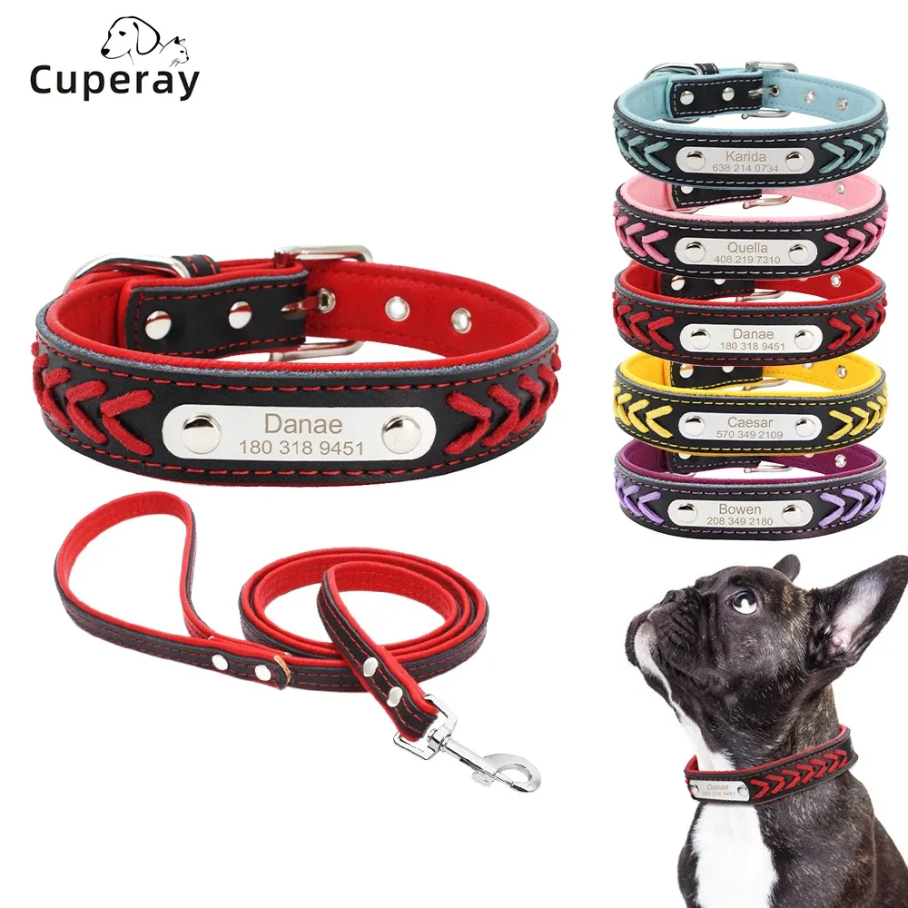 Collars Leather Custom Pet Collar and Leash Set Adjustable Dog Collar with Matching Leash Comes with Engraving Name and Phone Tag Collar