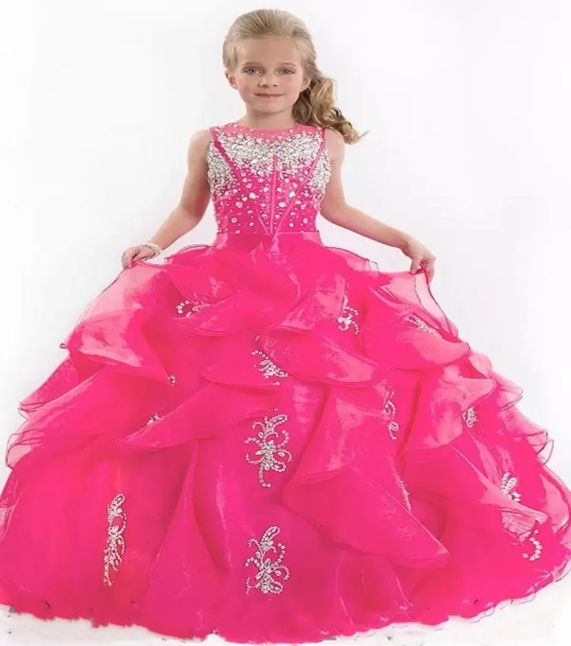 2023 Cute Glitz Little Girl039s Pageant Dresses Children Princess Shiny Heavy Beaded Kids Flower Girl Dress Fuchsia Kids Prom P3999497