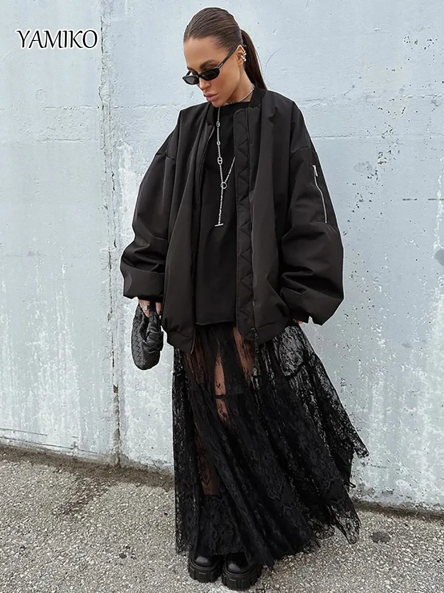 YAMIKO Black Sexy Seethrough Lace Highwaist Skirt European And American Fashion Street Long For Women Clothing 240227