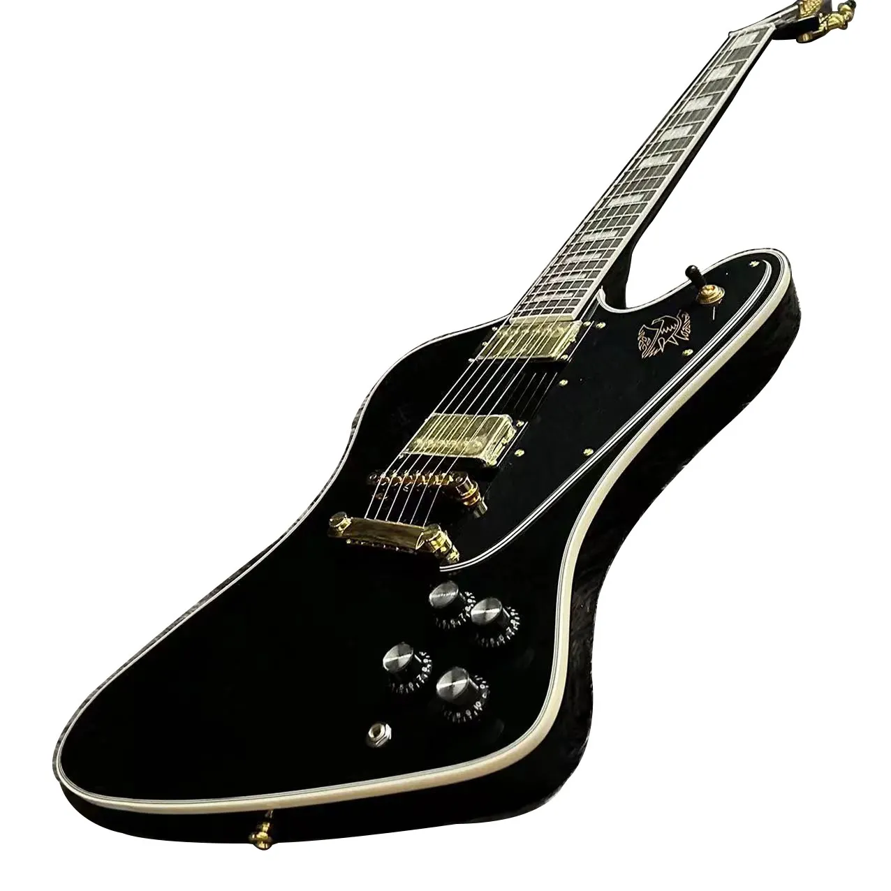 Firebird-gitaar, zwarte kleur, mahoniehouten body, palissander toets, gouden hardware, Tune O Matic Bridge, gratis schip
