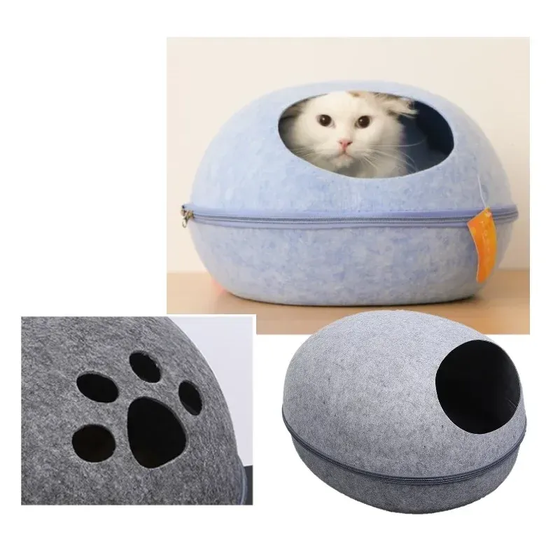 Tapetes para gatos, casa de feltro artificial para gatos, saco de dormir com ninho, travesseiro, casca de ovo, removível, respirável, metade fechada, caverna para animais de estimação