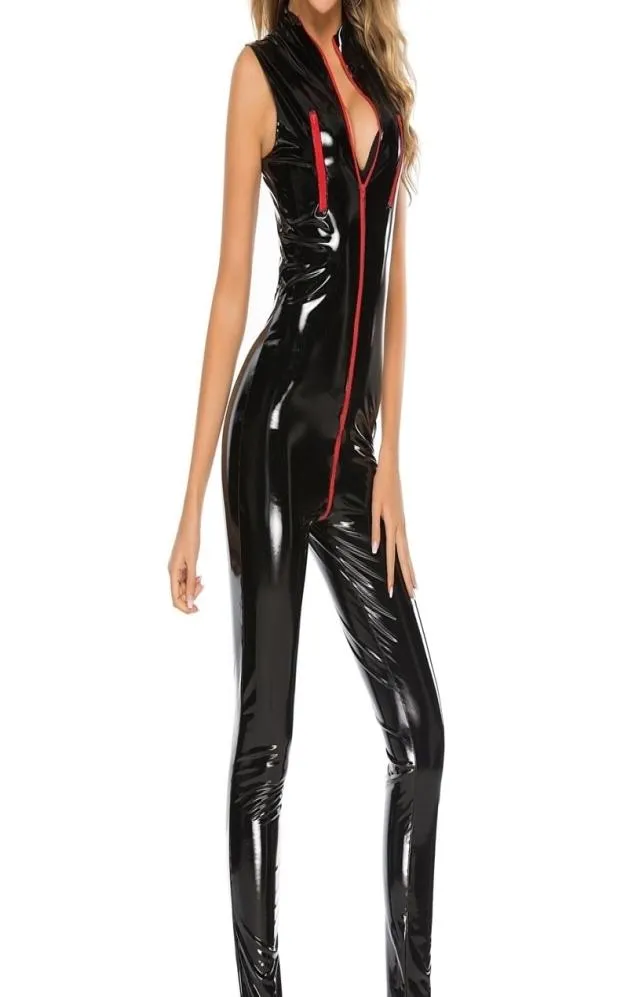 Sexy wetlook falso couro catsuit pvc látex bodysuit zíper frontal virilha aberta clubwear fetiche roupa erótica lingerie plus size y20042677245