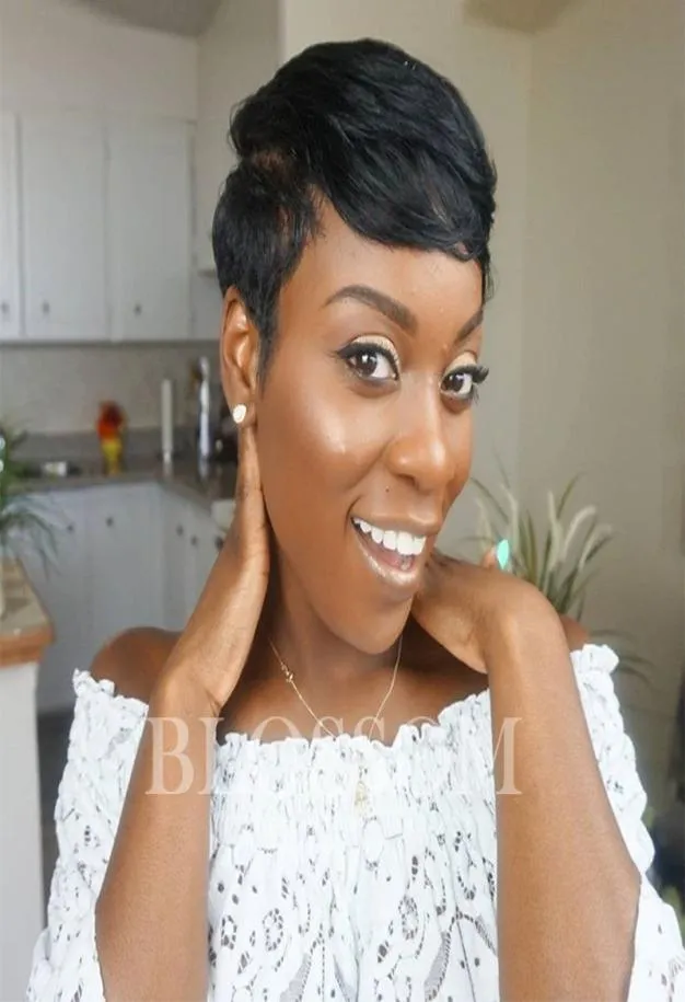 Chic Pixie Cut naturel noir court cheveux humains perruques coiffure pas cher brésilien vierge Remy coupe cheveux perruques pour les femmes noires 2158267