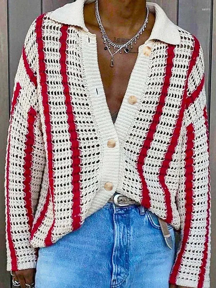 Мужские свитера 2024, мужская одежда для дома, полосатая весенне-осенняя мода, кардиган на пуговицах с длинными рукавами и отложным воротником, ажурные мужские топы