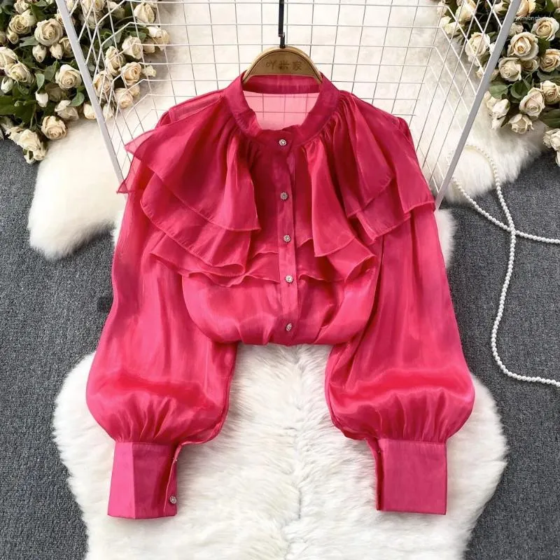 Blouses Femmes Vintage Femmes Chemises Arrivée Col Montant Bord Volant Revers Simple Blusa Court Style Automne Femme Casual Tops Dropship