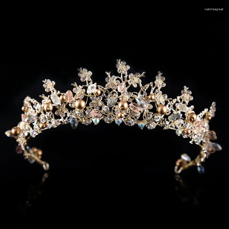 Haarspeldjes Strass Kroonstijl Sieraden Bruidsverlovingsfeest Tiara's Accessoire Goudkleur Verharde Parel Uniek ontwerp