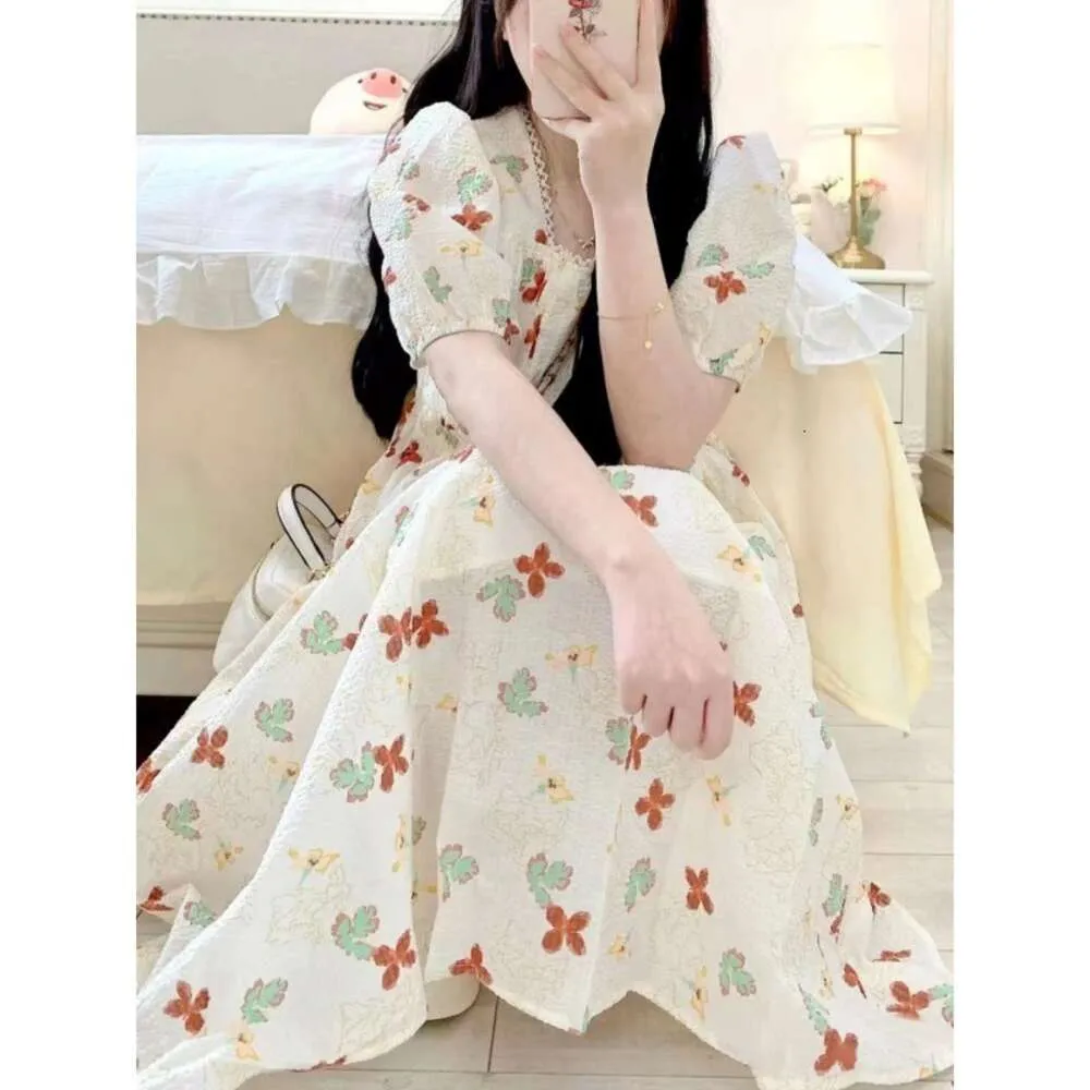 2024 New womens summer dress French Short Bubble Sleeves Fragmented Flower Dress for Childrens Wear linen dress for women Waist Slimming Forest Style Long Dress S0VB