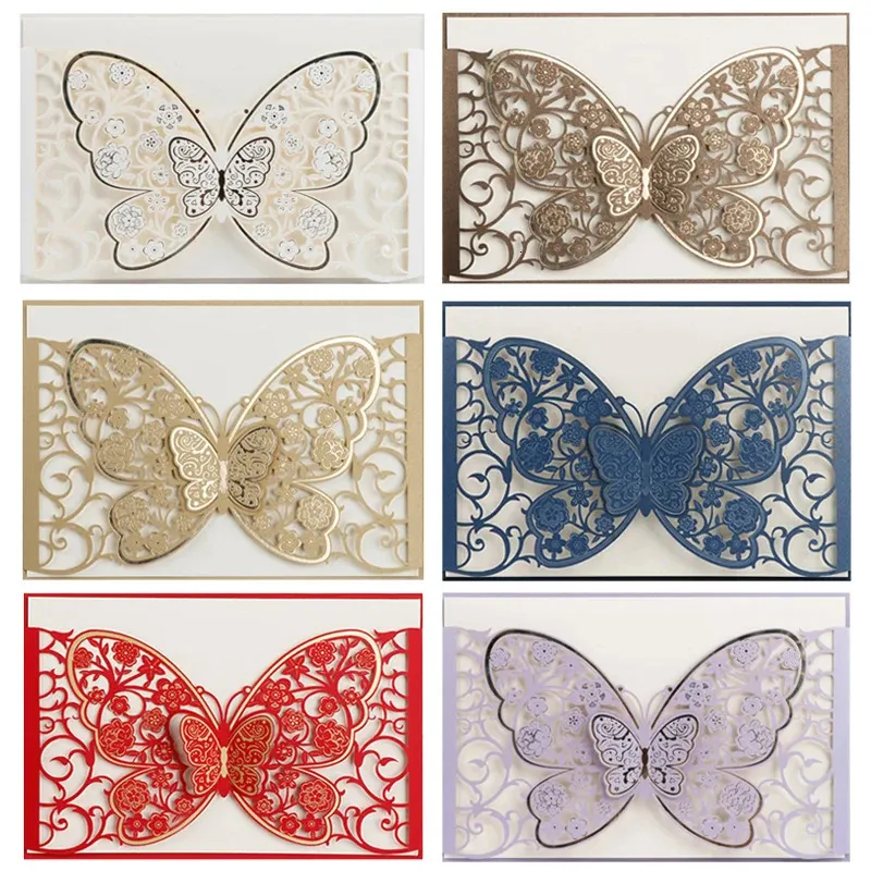 50pcs papillon découpé au laser carte d'invitation de mariage couvre carte postale de fête carte de voeux de fiançailles décoration de mariage 240301