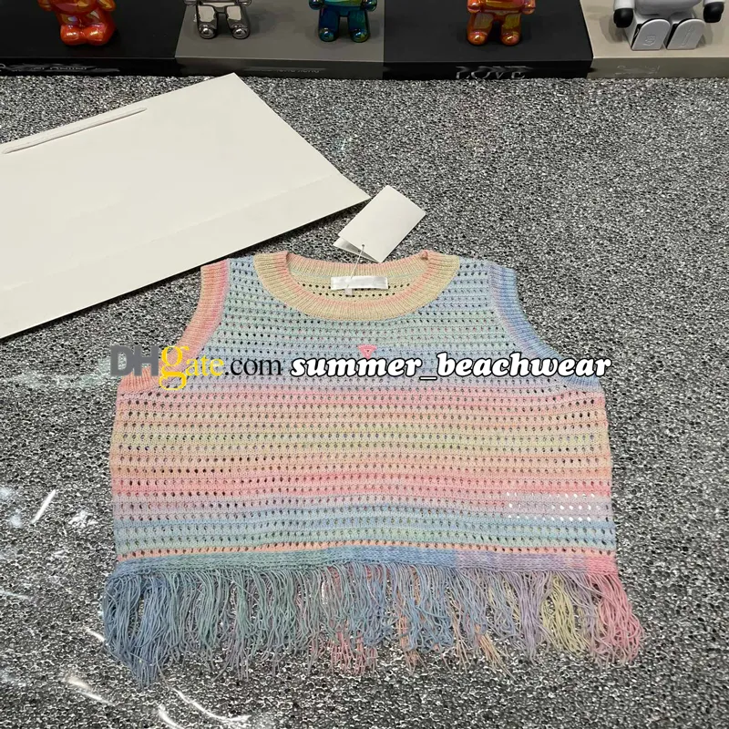 Vintage Fringe knit Vest Stylish Colorful knitted Vest Sleeveless Tank Tops Summer Breathable Knit Top Embroidery knitting Camisole