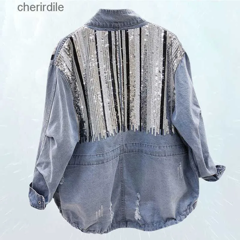 Kvinnorjackor Spring Standing Coat paljett Splice Bomber Denim Women Collar Hole Drawstring Jeans Female 81 240301