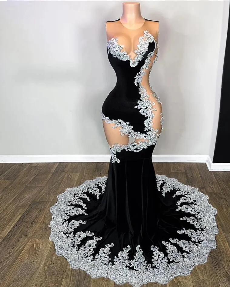 2024 sexy preto vestidos de baile jóia pescoço ilusão veludo sereia sem mangas prata rendas apliques contas de cristal vestido de noite vestidos de baile varredura trem