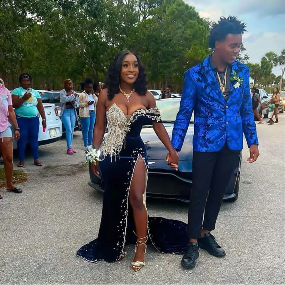 Royal Blue Velvet Off-Shoulder Mermaid Blue sparkly prom dress with Appliques and Sequins - Perfect for Parties, Birthdays, and Graduations