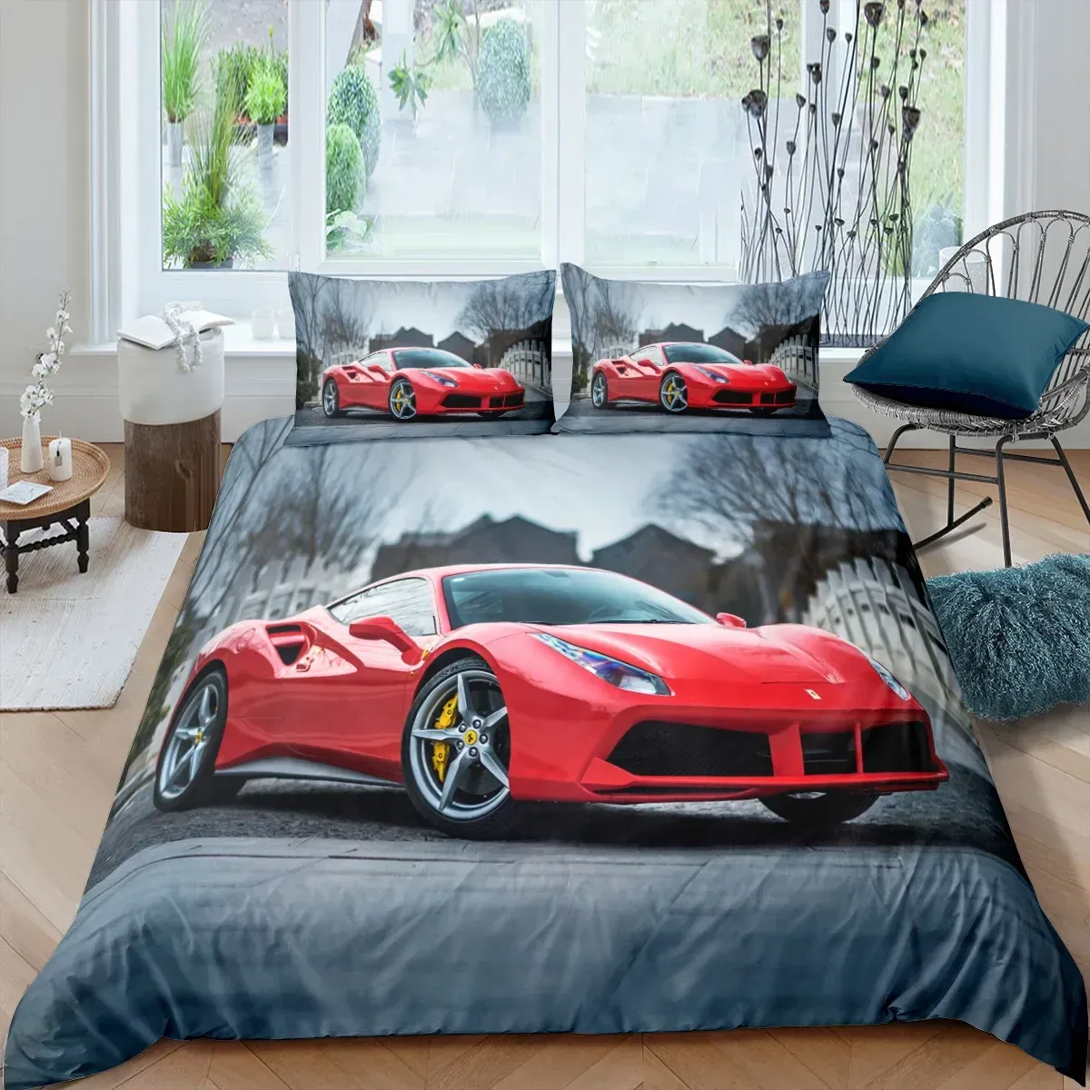 Set Bedding Set 2/3pcs 3D Racing Car Print Duvet Cover Set Polyester Quilt Cover Pillowcase Single Queen Twin King Size for Boys Men Sheer Curtains