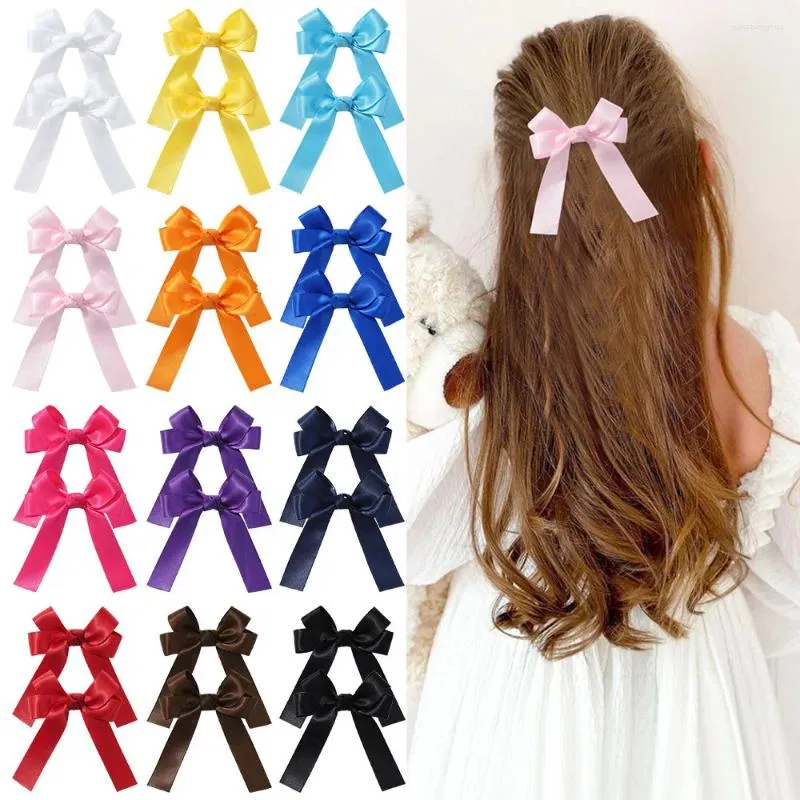 Hårtillbehör 3,15 tum 12 st/parti Satin Ribbon Bow Hairgrips School Girls Clip Long Tails Bowknot Hairclip Kids