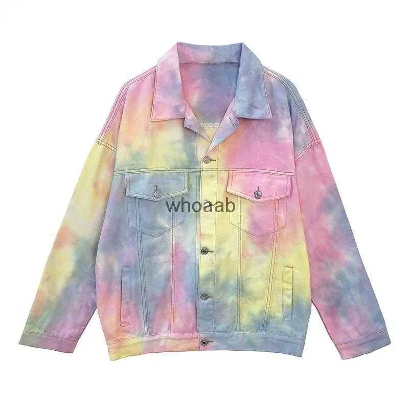 Kvinnorjackor jackor Spring Rainbow Color Tie Dye Jeans Unisex denim Bomber Coat Single-Breasted Cardigan Crop Streetwear 240301