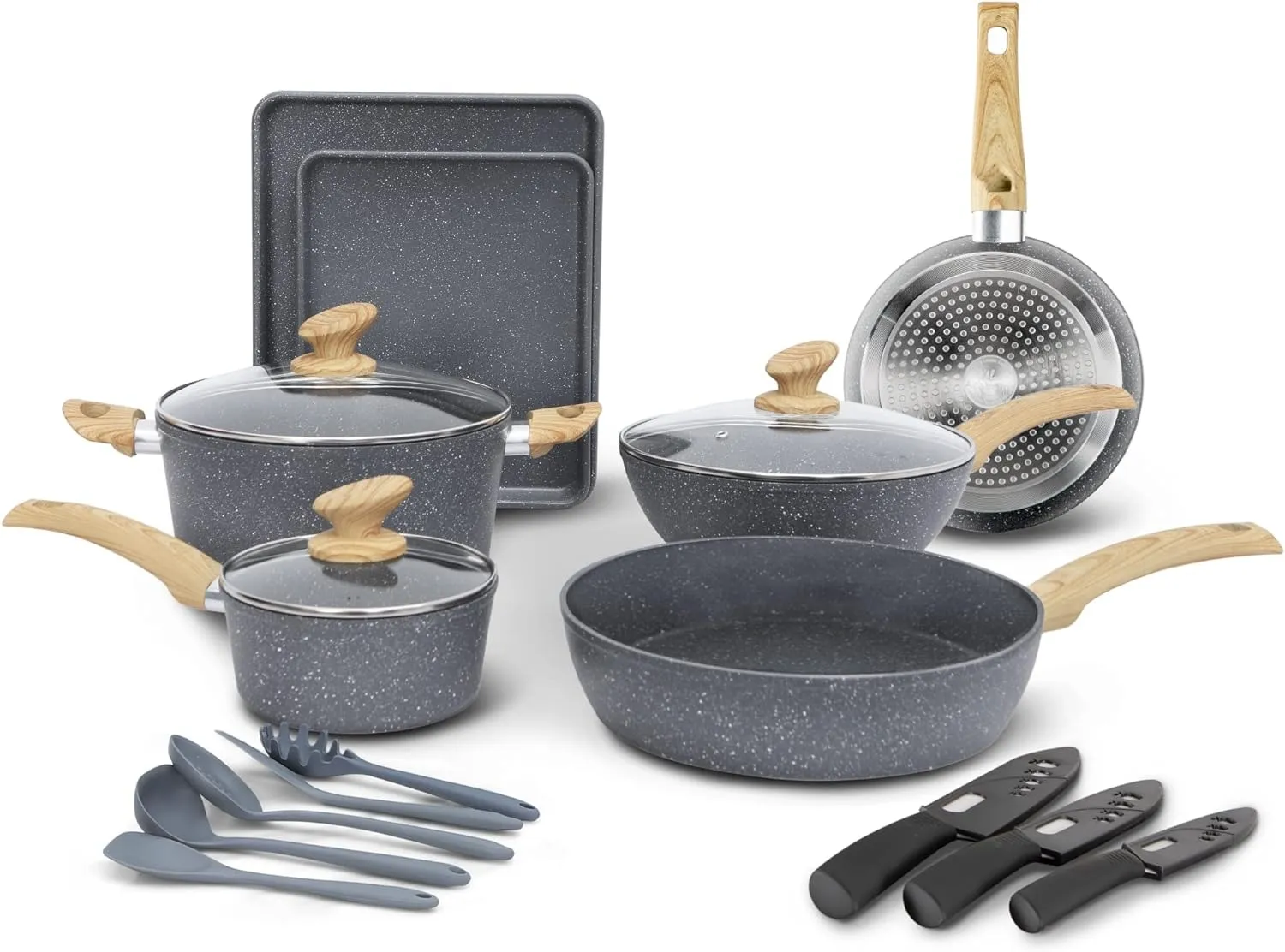 Maison Arts 18 قطعة وأقالي مجموعة - مجموعات أدوات طبخ المطبخ مع طلاء الحجر من الجرانيت غير لاصق ، مناسبة لأوبوف الحث ، رمادي
