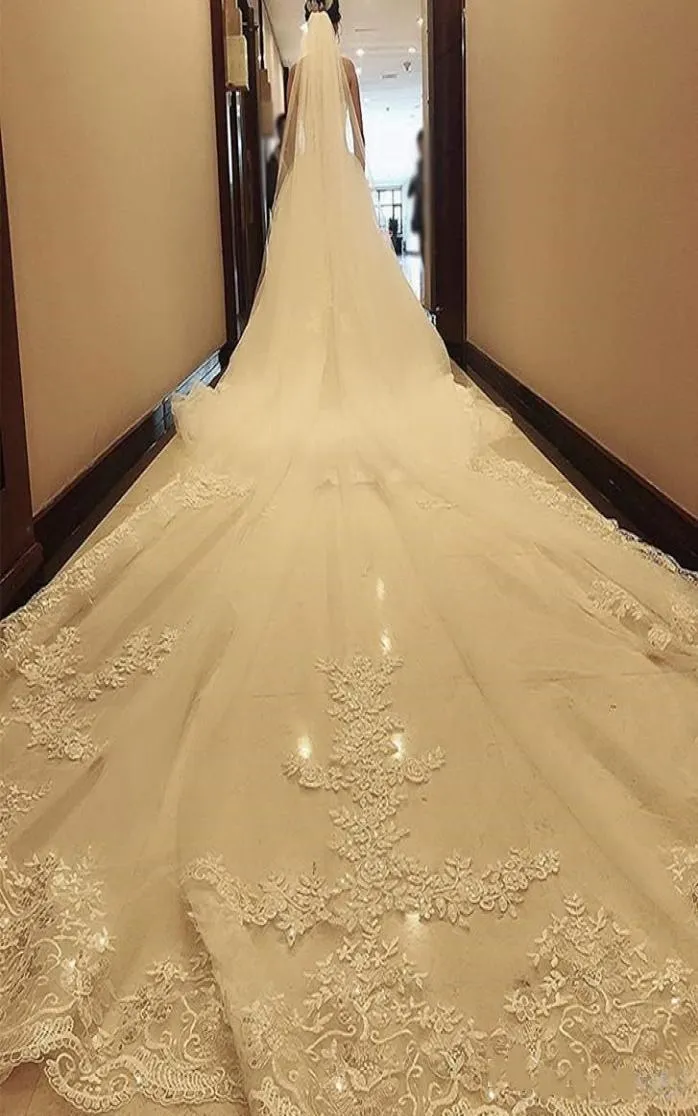 2022 En Stock Voiles De Mariée 3M 5M Dentelle Applique Bord Tulle Cathédrale Longueur Voile De Mariage Blanc Ivoire Réel Image5374516