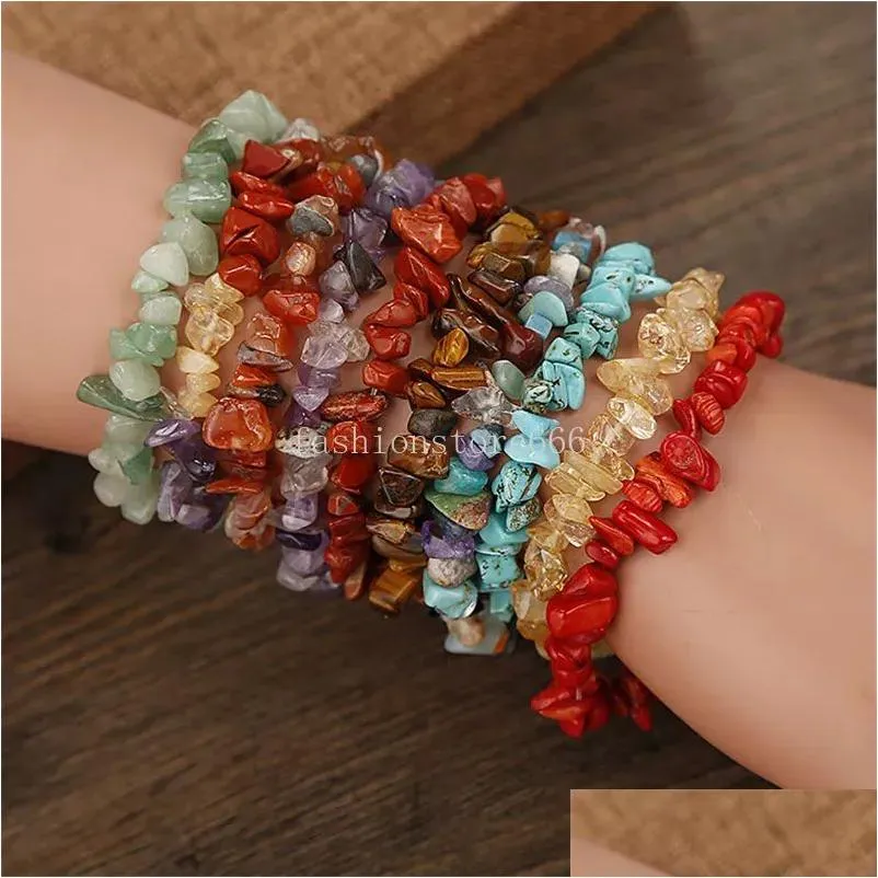 Pulseras de encanto Pulsera de piedra de gema natural Irregar Crystal Stretch Chip Beads Redes Brazaletes Cuarzo Chakra Pulsera para mujeres Regalo Dr Dhync