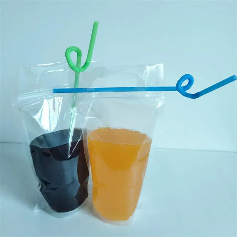 Portable Plastic Drinking Water Packaging Bags 250ml 500ml 750ml 1000ml Disposable Liquid Straw Stand Up Pouches For Beverage Milk Tea Coffee Juice Storage Pack